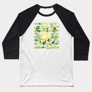 Peonies Pastel Watercolor Pattern Yellow Garden Nature Flowers Green Strips Baseball T-Shirt